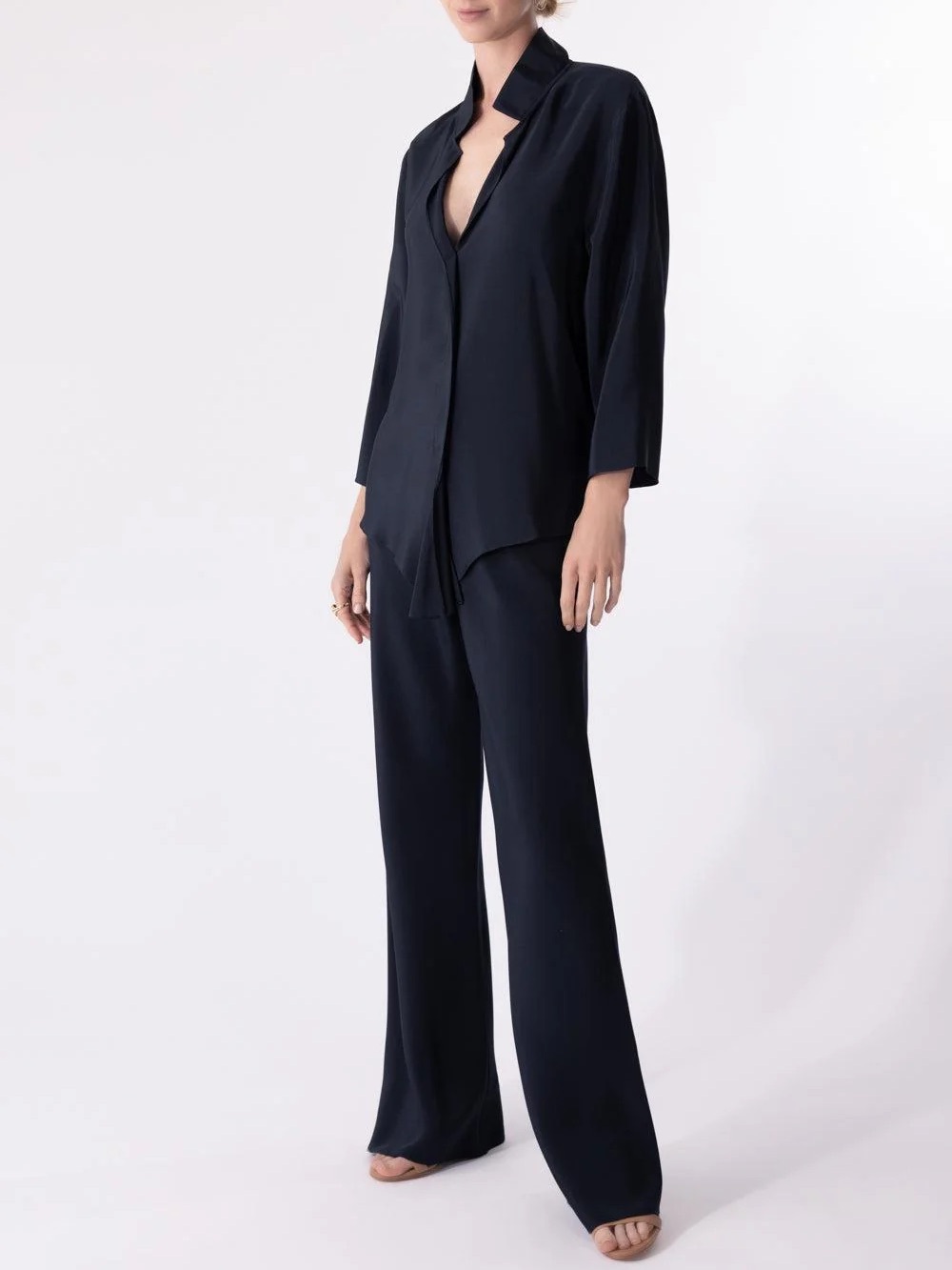 Peter Cohen Silk Wide Leg Navy Pant with Elasticated-Waistband Size Large